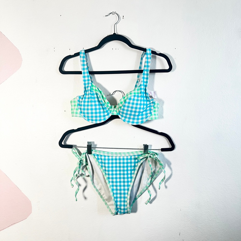 No Boundaries Bikini Set Swimsuit Womens Large Blue Teal Gingham‎ Y2K Summer